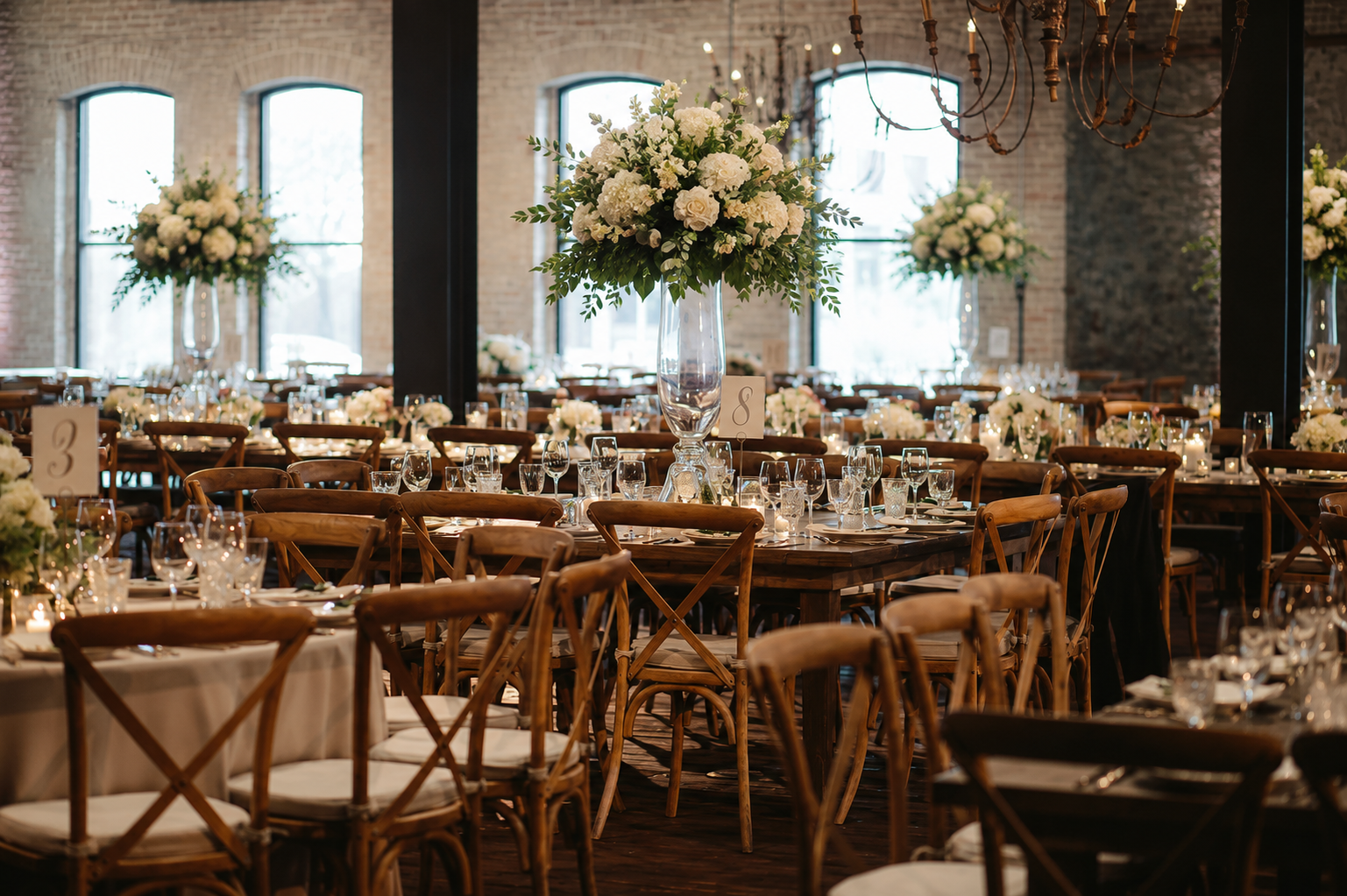 Brazos Hall set for a rustic wedding reception