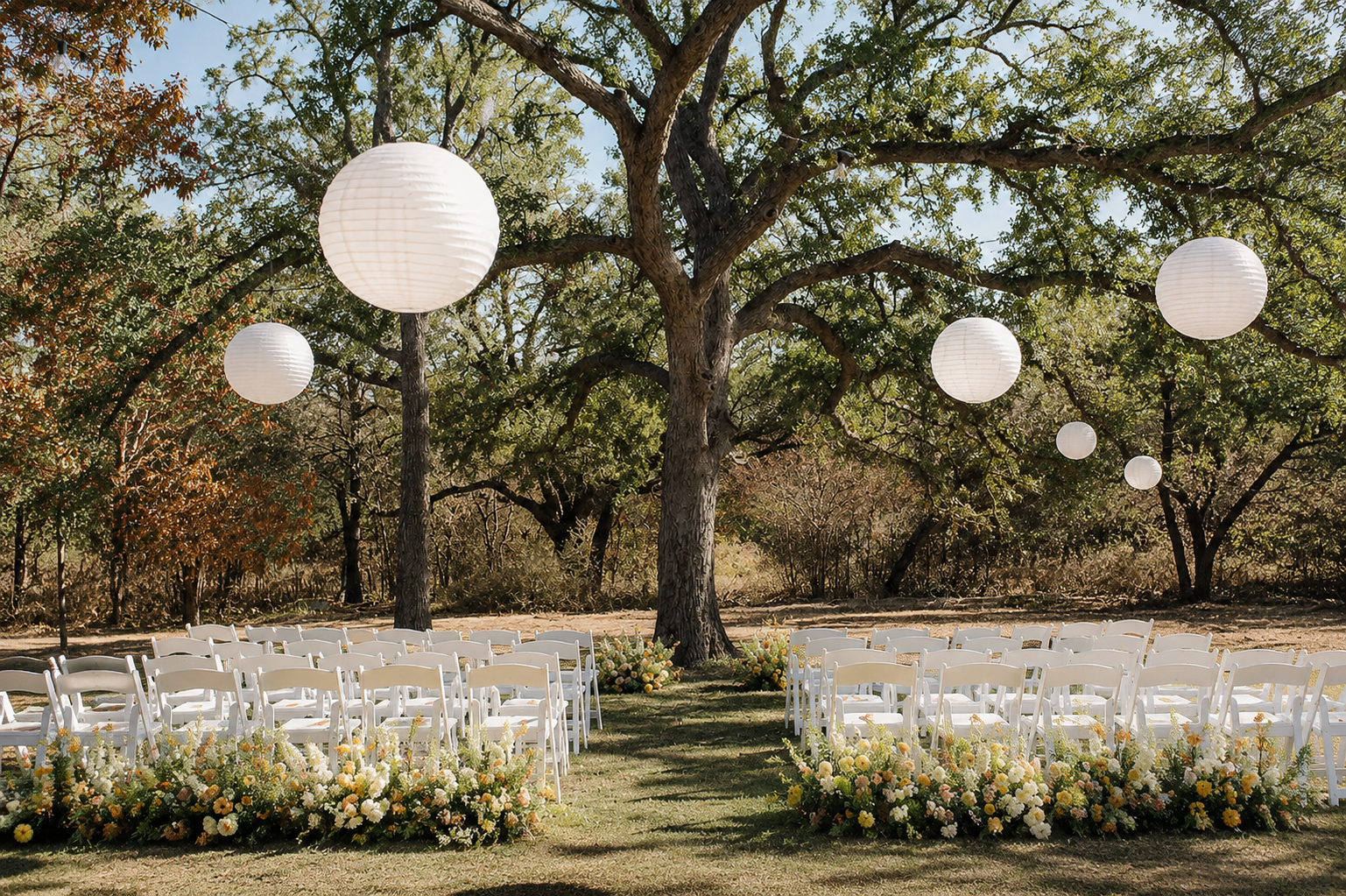 Hudson Bend Ranch outdoor wedding tree lanterns