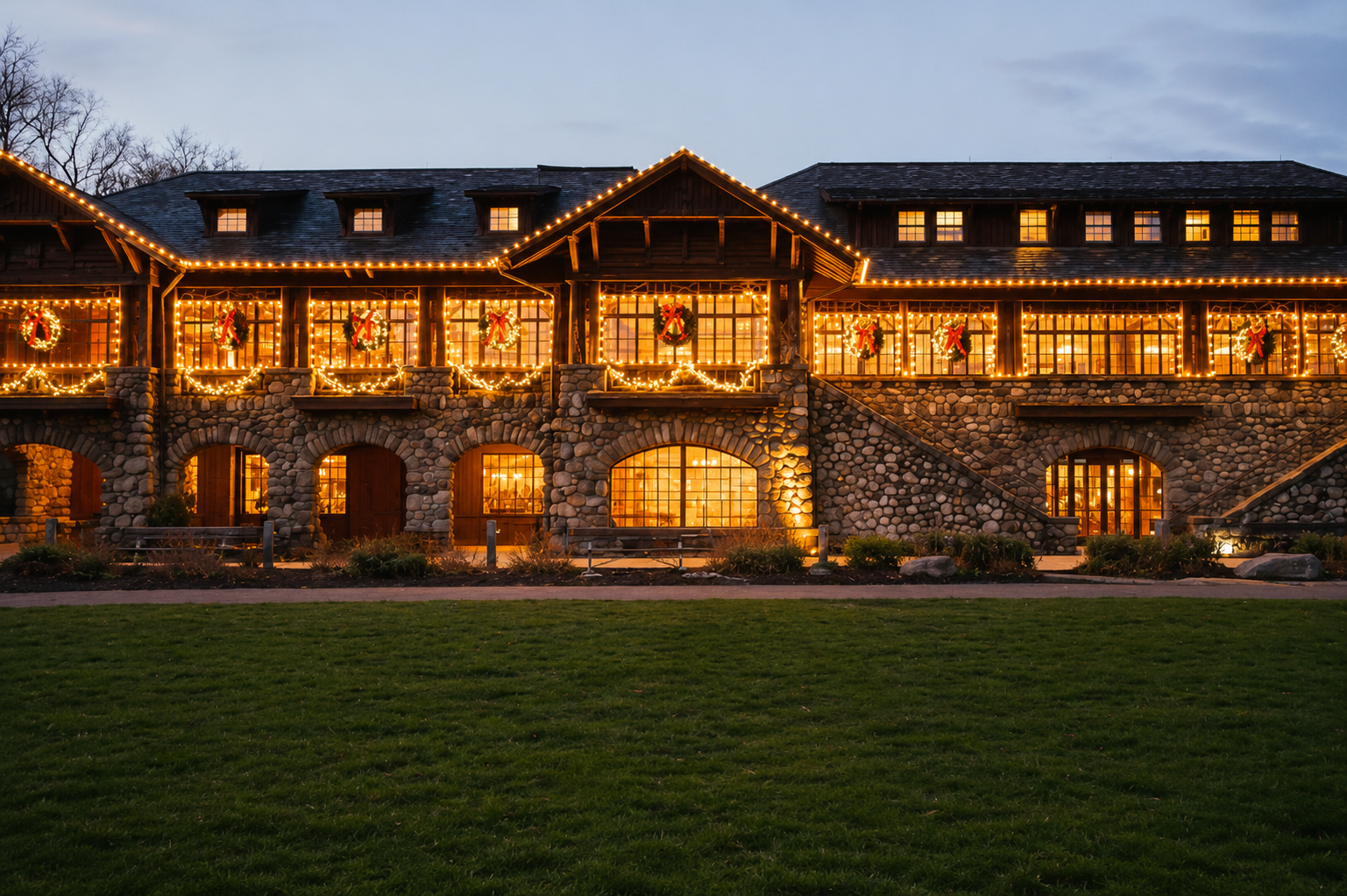 Bear Mountain Inn illuminated at dusk