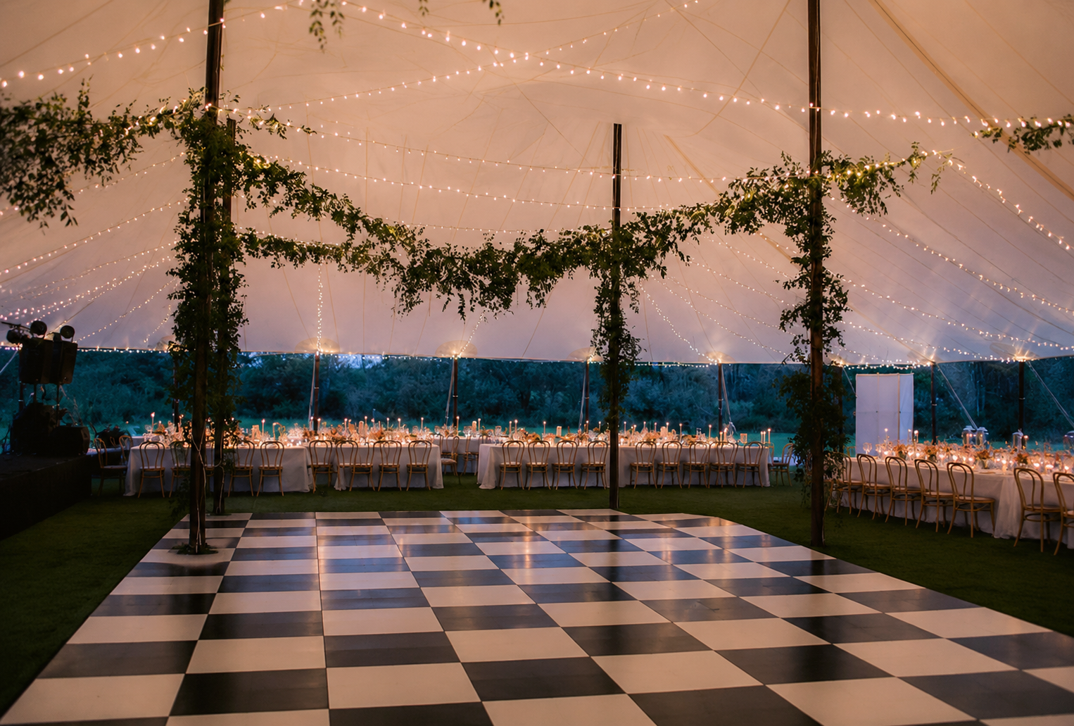 Kenoza Hall tented reception with black white checkered dancefloor