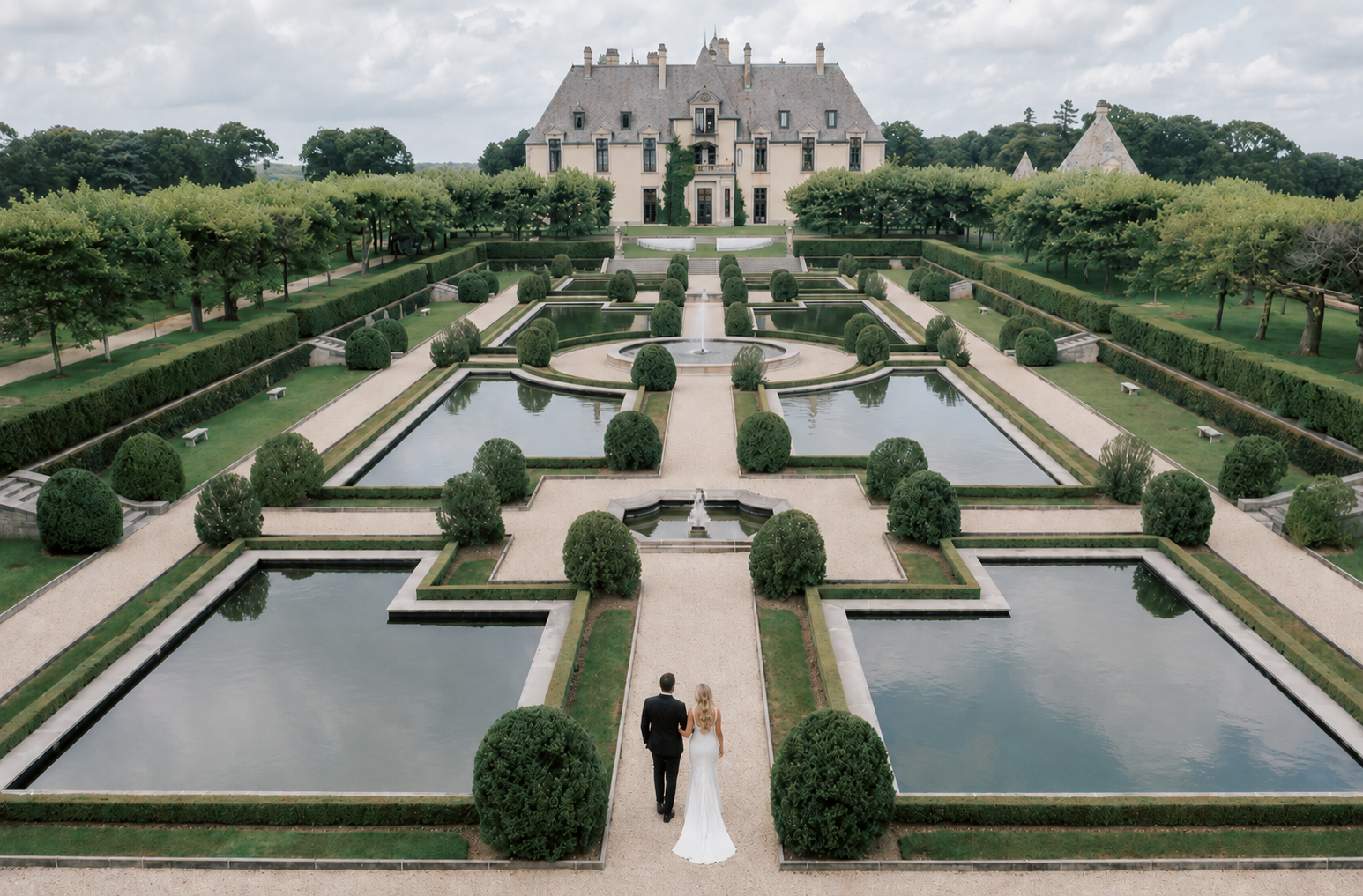 Oheka Castle grounds drone shot of bride groom