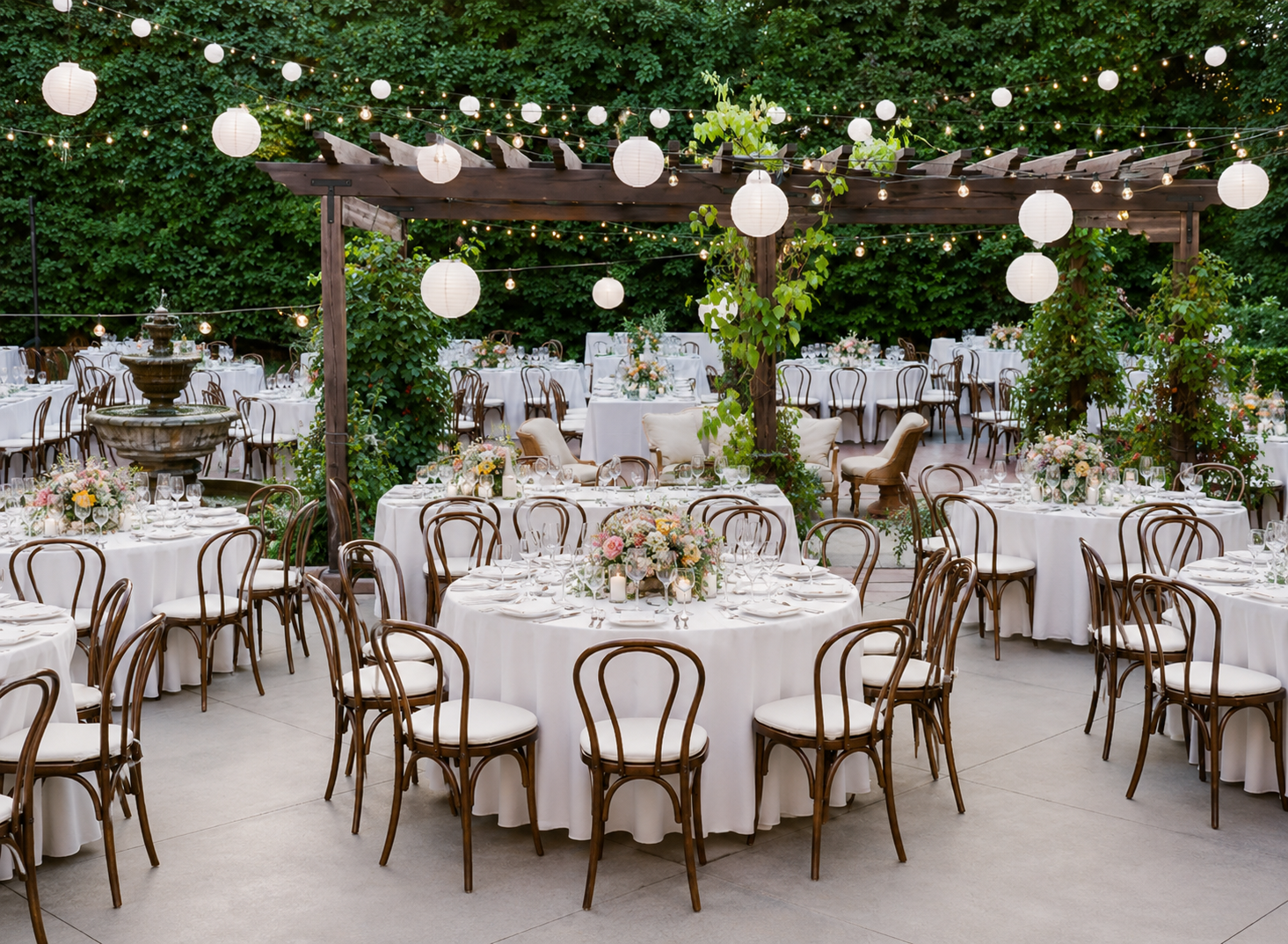 Franciscan Gardens courtyard reception with paper lanterns
