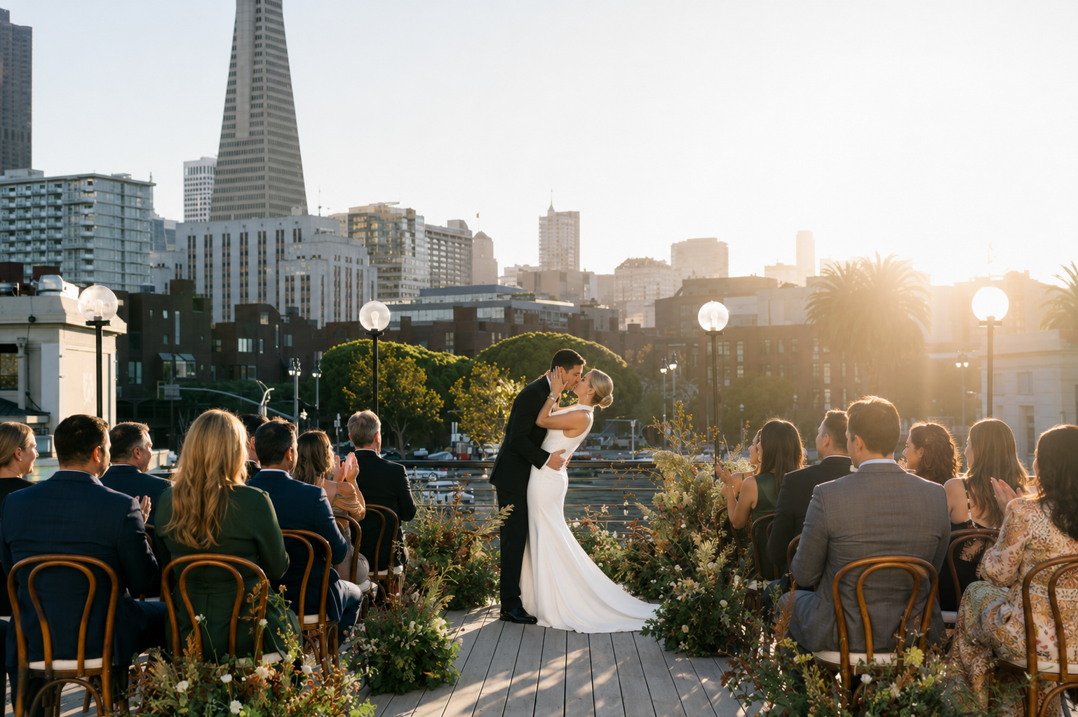 The Historic Klamath bride groom kiss at ceremony with san francisco skyline