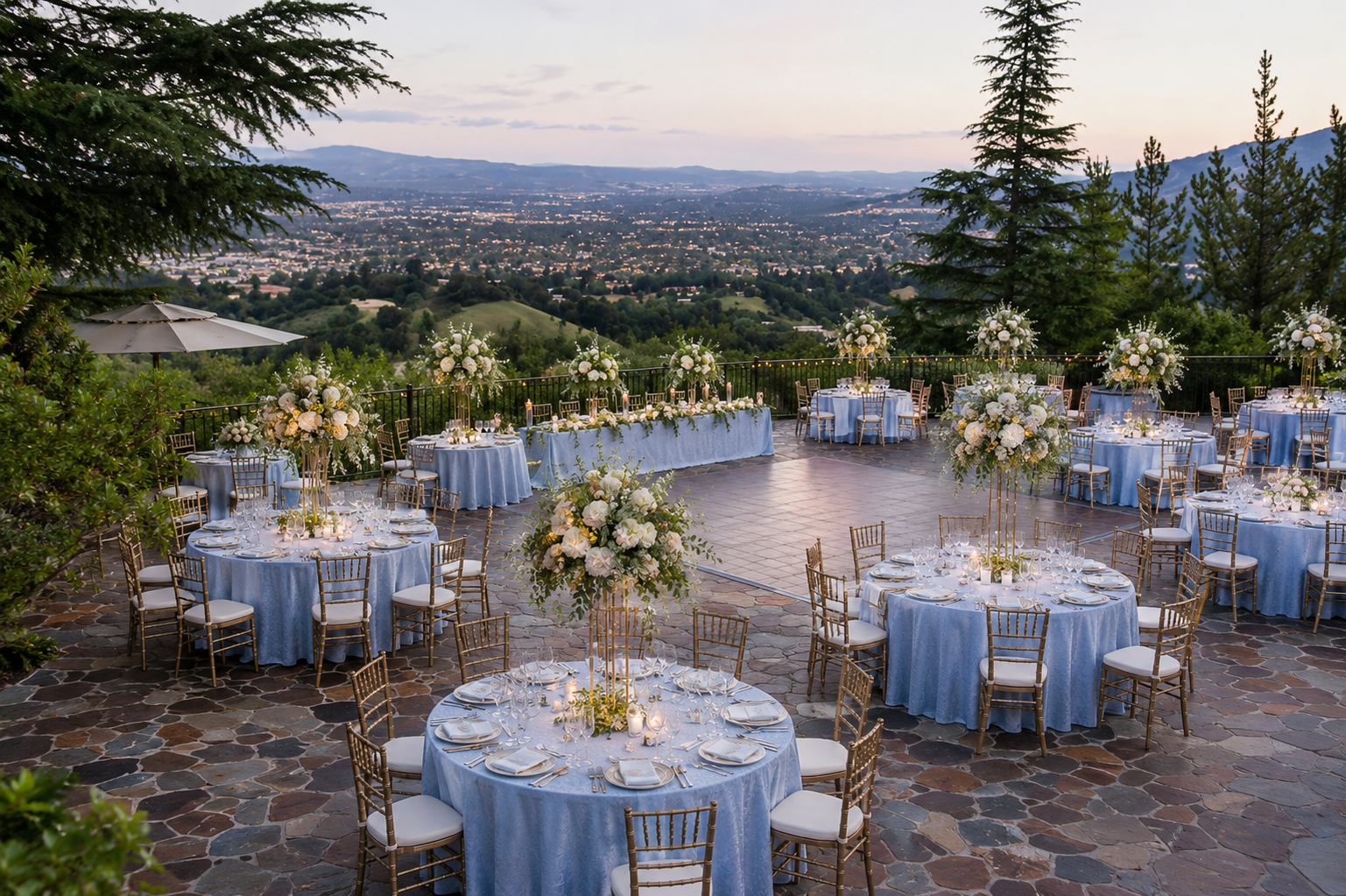 The Mountain Winery courtyard reception overlooking hillside
